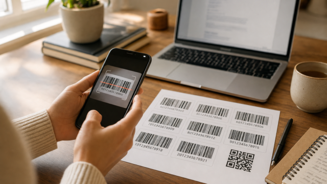 Person holds a smartphone and scans a barcode on a sheet of label barcodes at a desk with a laptop and notebook nearby. - free-barcode-generator-featured