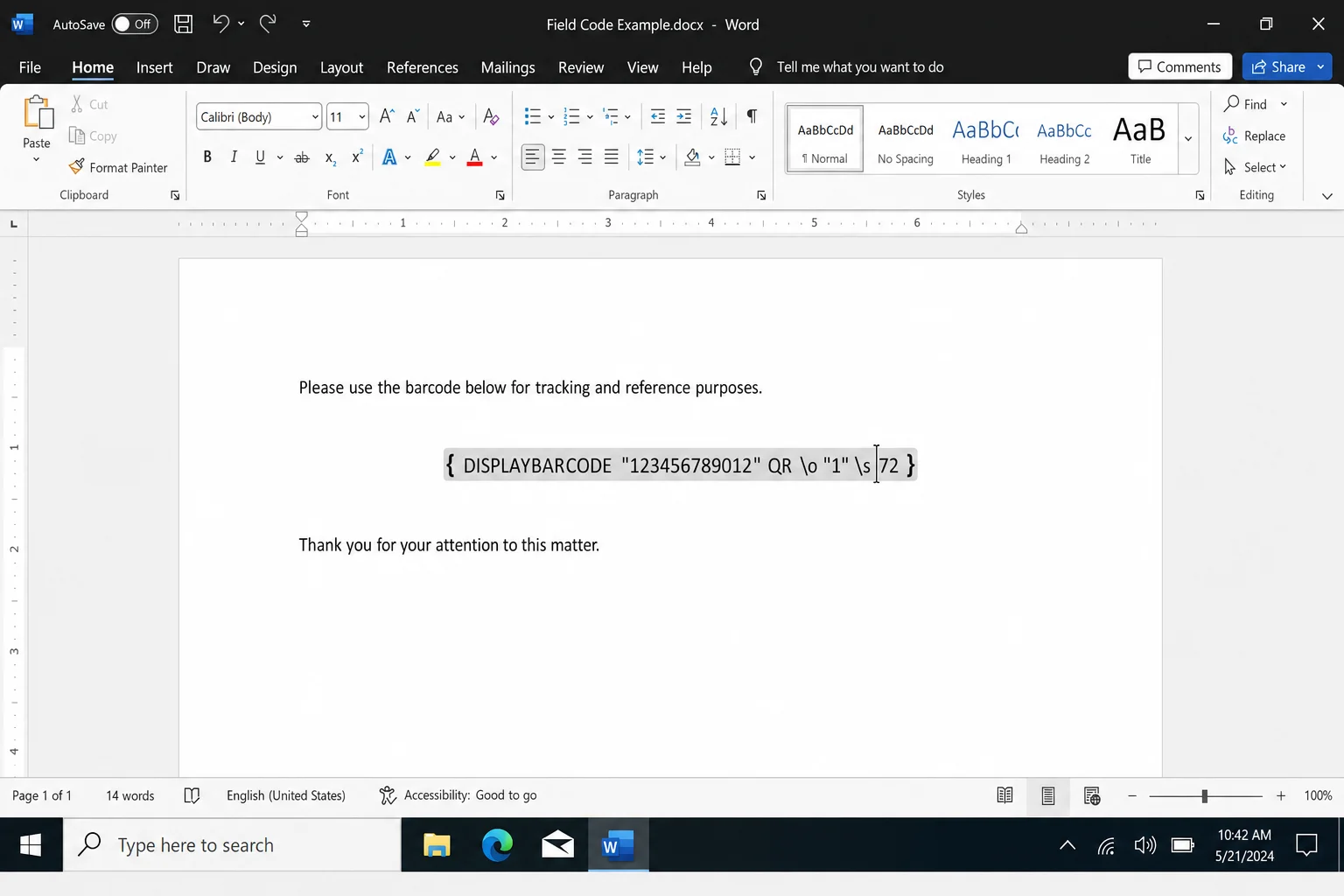 Microsoft Word document showing grey field code brackets inserted with cursor positioned inside them