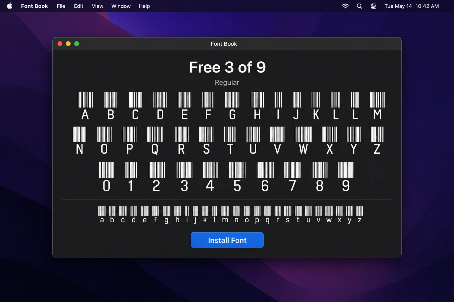 macOS Font Book window showing a barcode font preview with the Install Font button