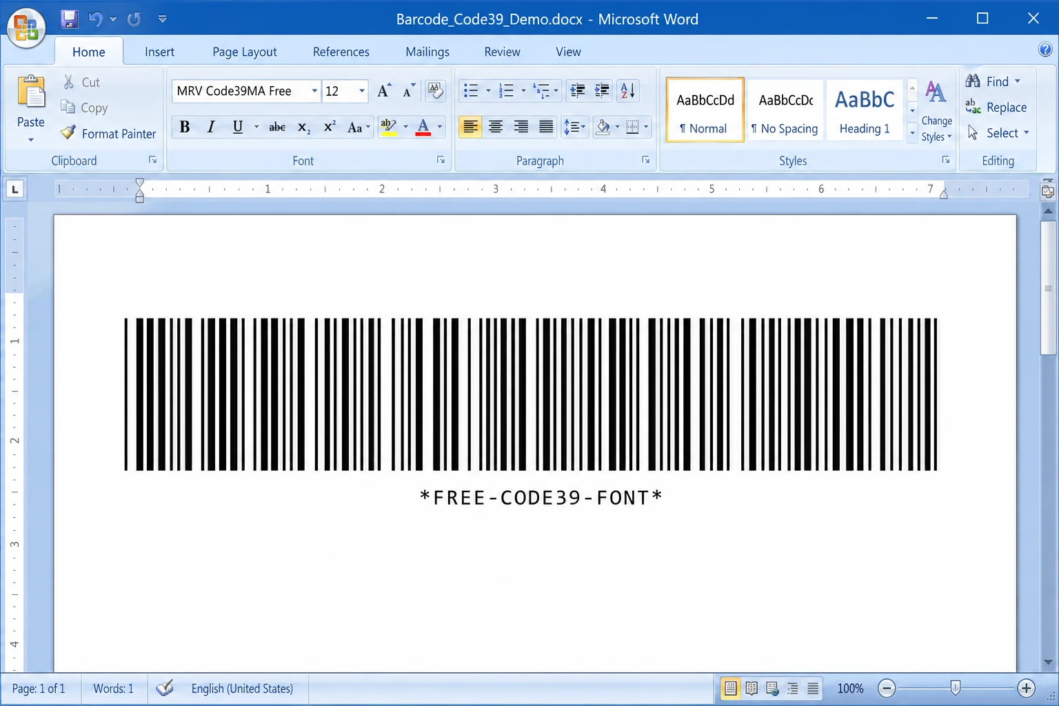 Microsoft Word document showing text converted to a Code 39 barcode using a barcode font, with asterisks visible as start and stop characters