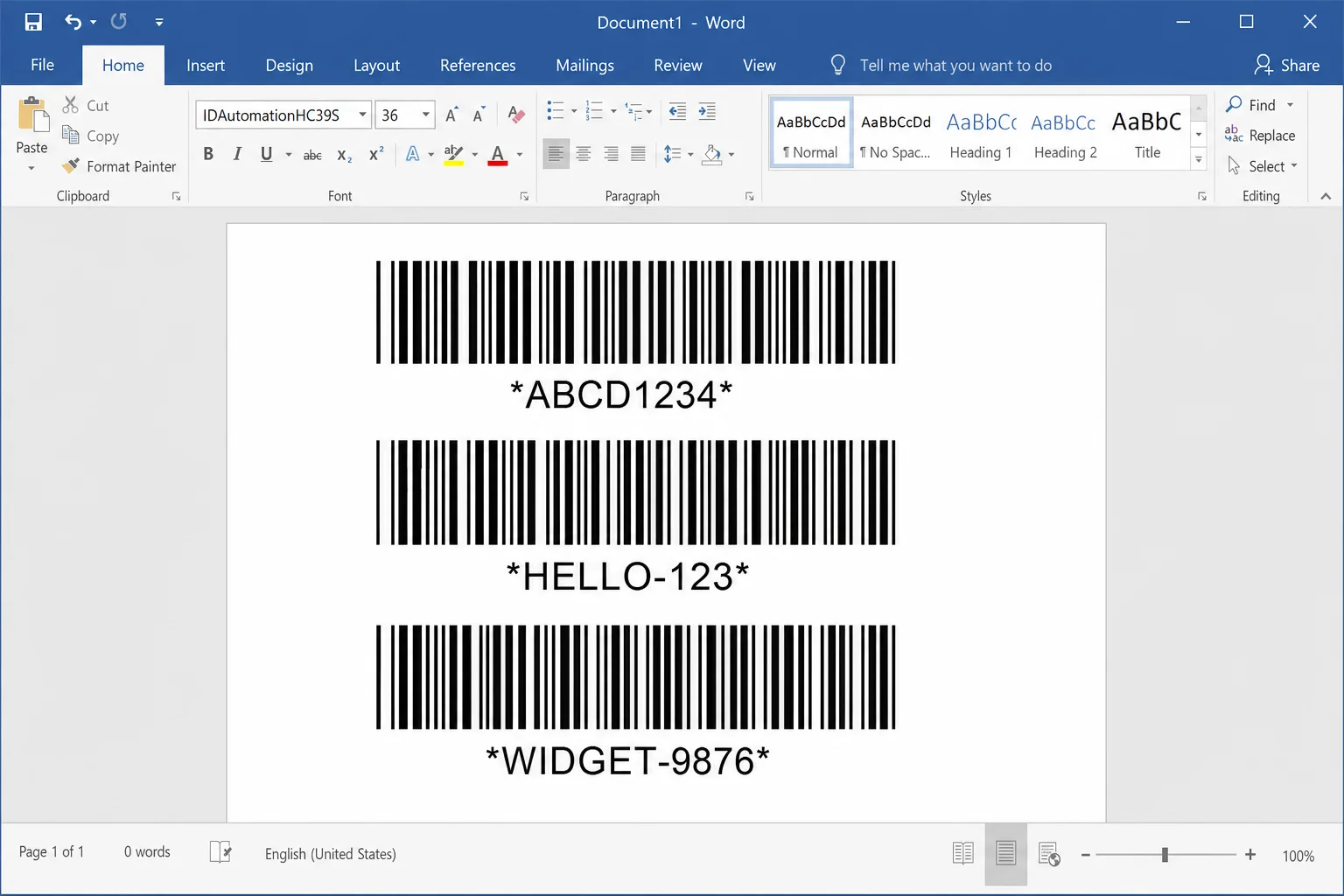 Microsoft Word document showing the resulting Code 39 barcode after applying the barcode font at large size