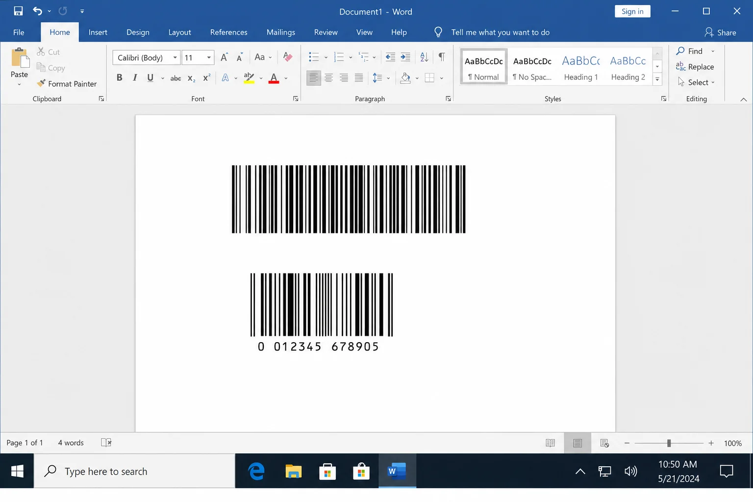 Microsoft Word document showing a Code 128 barcode created using a barcode font after encoding with an external tool