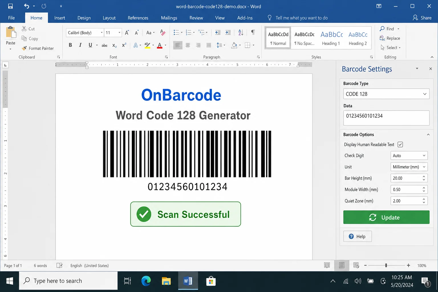 Microsoft Word document showing the Code 128 barcode being scanned successfully, with scan result visible