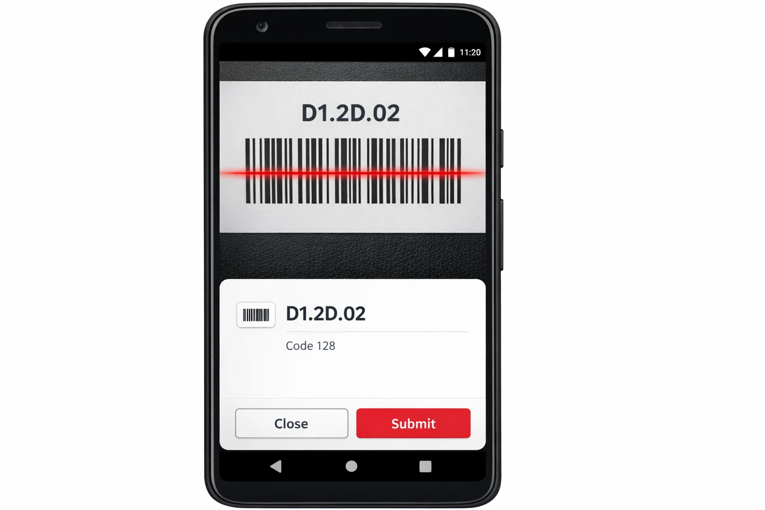 Smartphone screen showing a barcode scanning app successfully reading a Code 128 barcode with the decoded text displayed