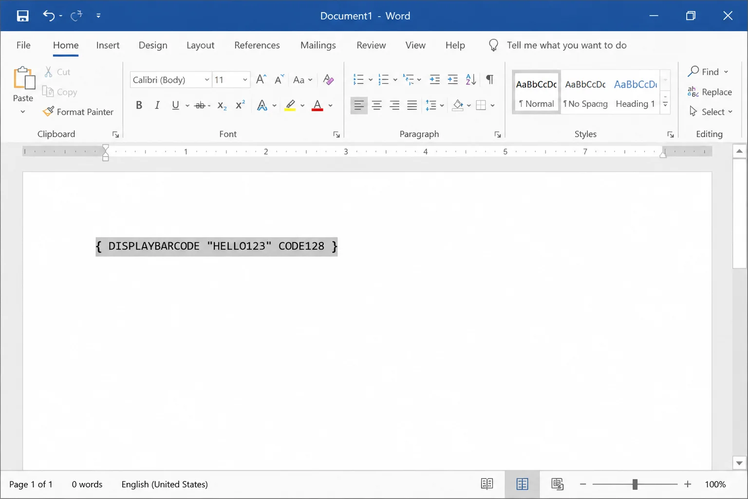 Show a Microsoft Word document in Windows with field code view toggled on (Alt+F9), displaying a field code that reads exactly { DISPLAYBARCODE "HELLO123" CODE128 } inside gray field-shading brackets, in a normal Word document editing area with the ribbon visible.