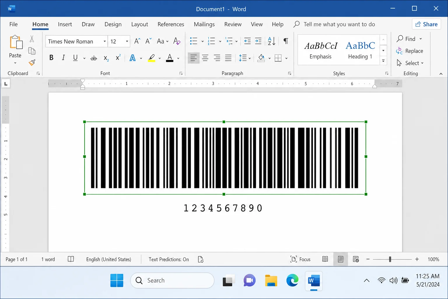 Microsoft Word document showing a generated Code 128 barcode graphic after pressing F9 to update the field