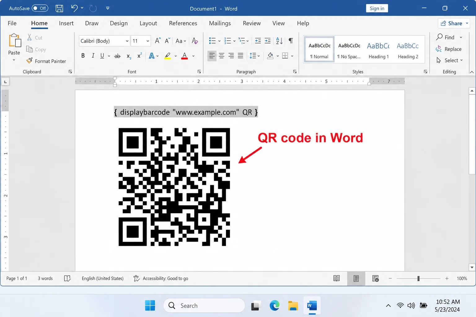 Microsoft Word document showing a generated QR code barcode created with the DisplayBarcode QR field code