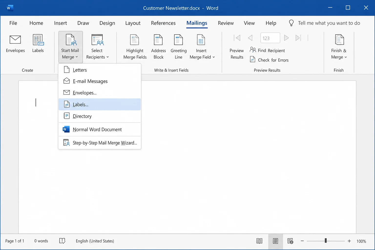 Microsoft Word Mailings tab with Start Mail Merge menu open and Labels option highlighted