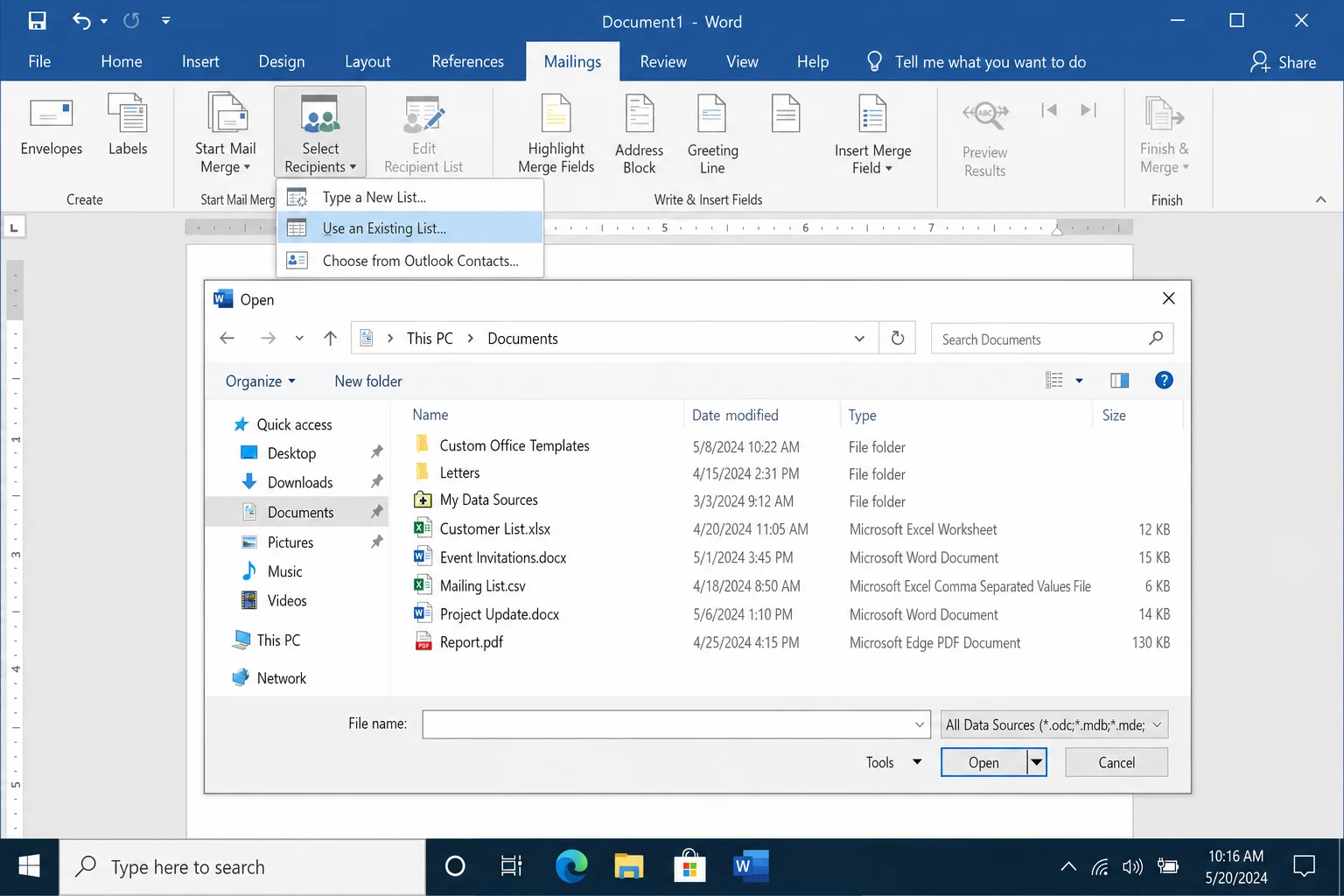 Microsoft Word Select Recipients dialog with Use an Existing List highlighted and file browser open