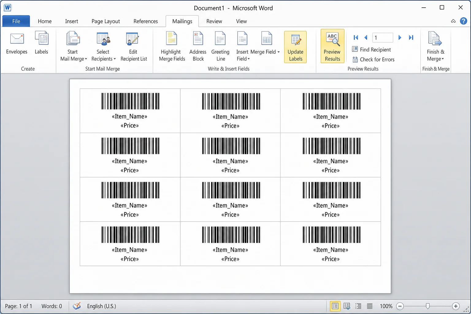 Microsoft Word Mailings tab showing Update Labels and Preview Results buttons with barcode labels visible in the document