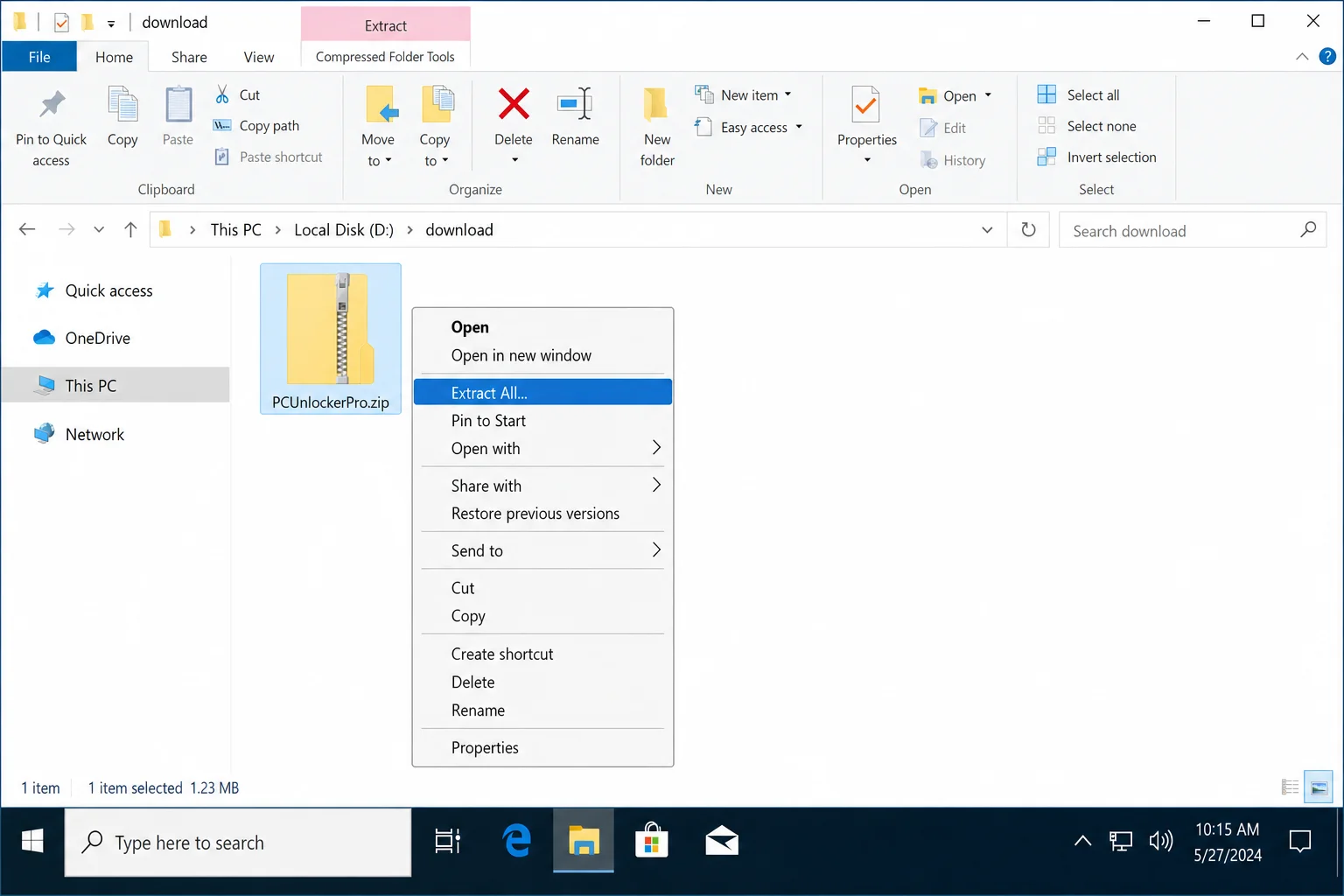 Windows File Explorer showing right-click context menu on a ZIP file with Extract All option highlighted