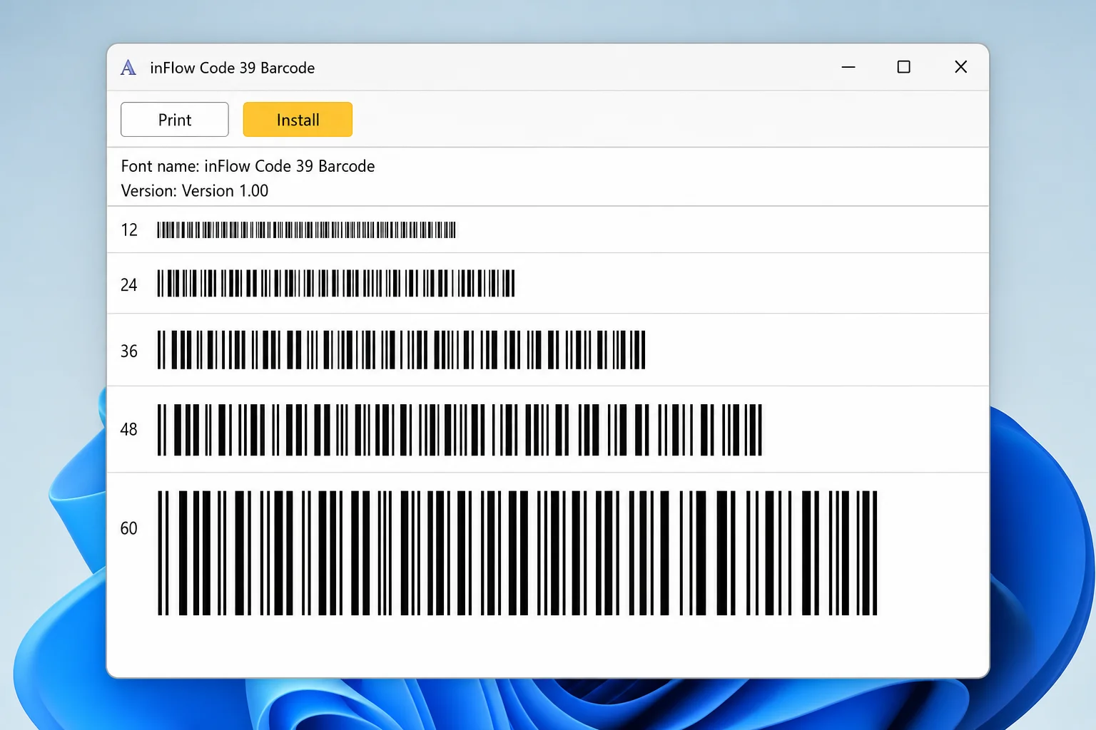 Windows font preview window showing a barcode font with the Install button highlighted at the top