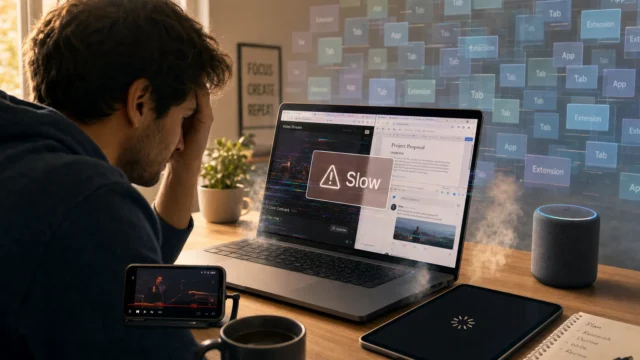 Frustrated man at a desk with a laptop showing a 'Slow' warning, surrounded by a phone, tablet, mug, and notebook. - google-chrome-running-too-many-processes-featured