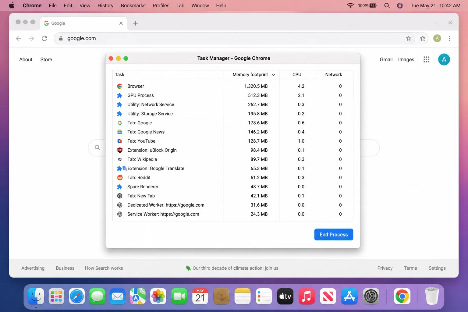 Chrome Task Manager on macOS sorted by Memory footprint, showing tabs and extensions listed with memory values