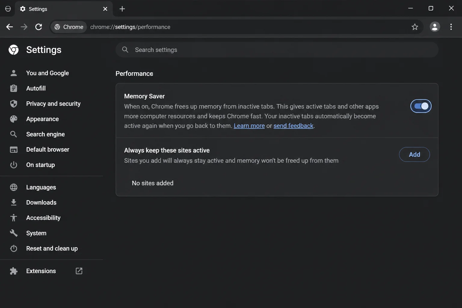 Chrome Settings > Performance page with Memory Saver toggle turned On and savings mode options visible