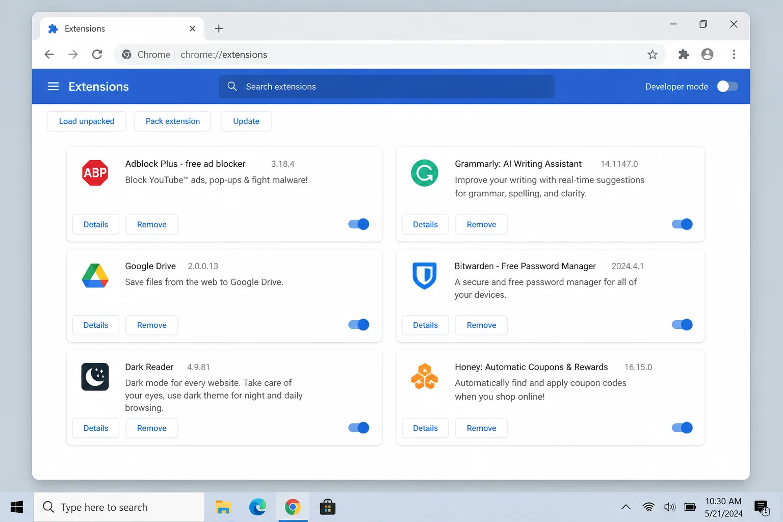 Chrome Extensions management page at chrome://extensions showing a list of installed extensions with toggle switches and