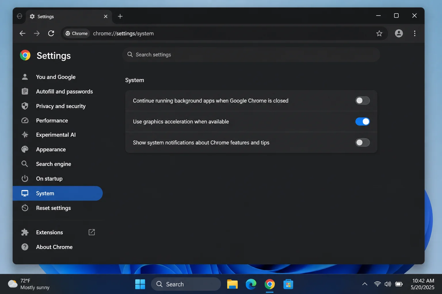 Chrome Settings > System section showing "Continue running background apps when Google Chrome is closed" toggle set to Off