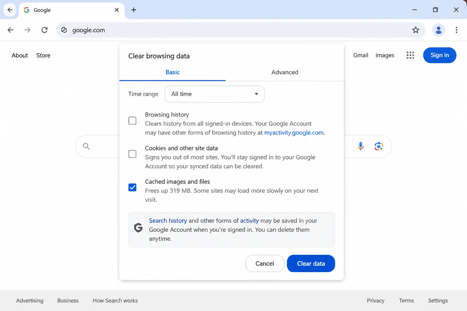Chrome Clear browsing data dialog with Time range set to All time and Cached images and files checkbox selected