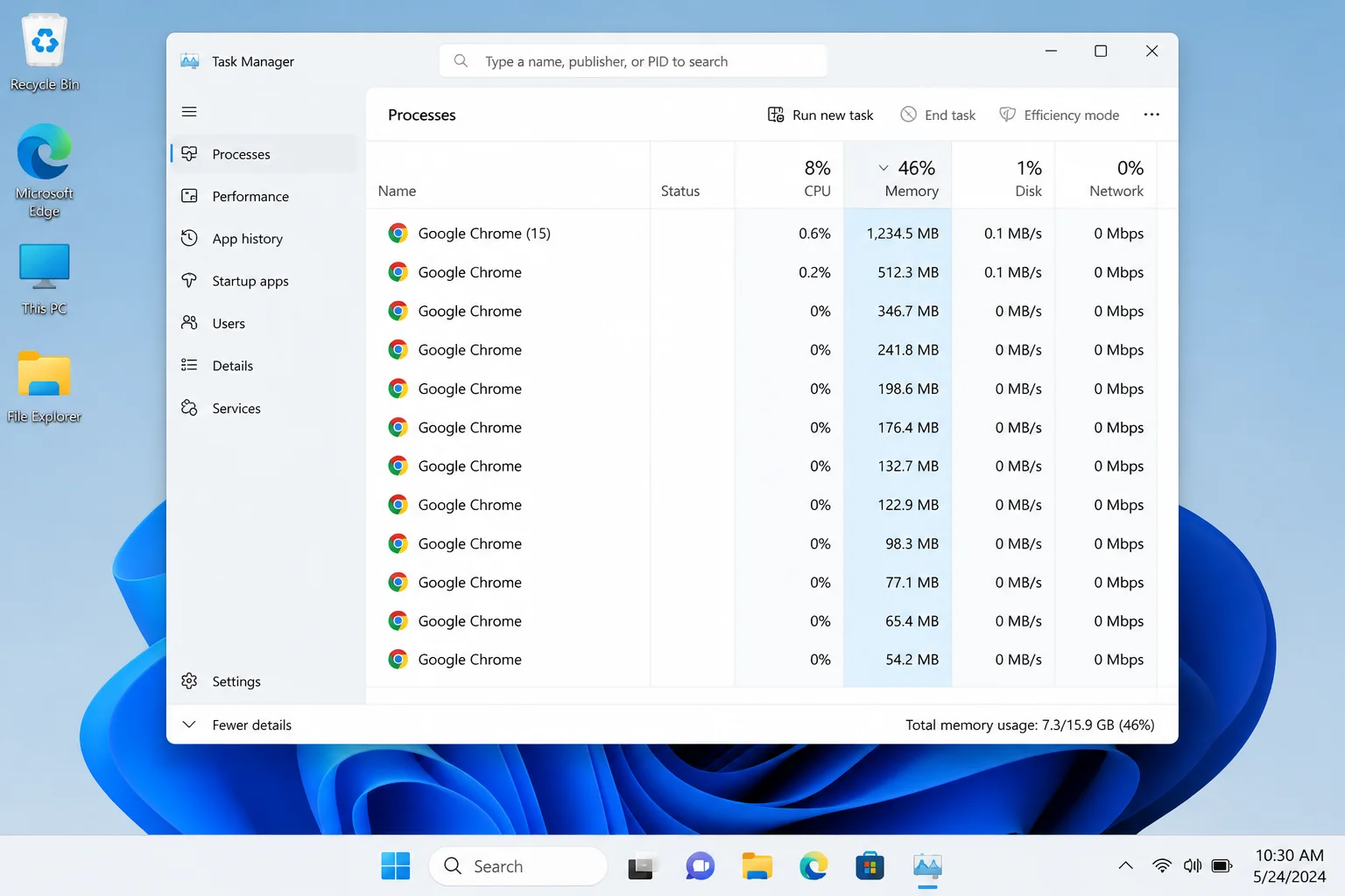Windows 11 Task Manager Processes tab sorted by Memory column, showing multiple Google Chrome processes and their individual