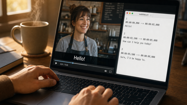 Laptop screen showing a smiling barista in a cafe on the left and a subtitles editor on the right, with 'Hello!' visible in both panels. - how-to-add-subtitles-to-a-video-featured