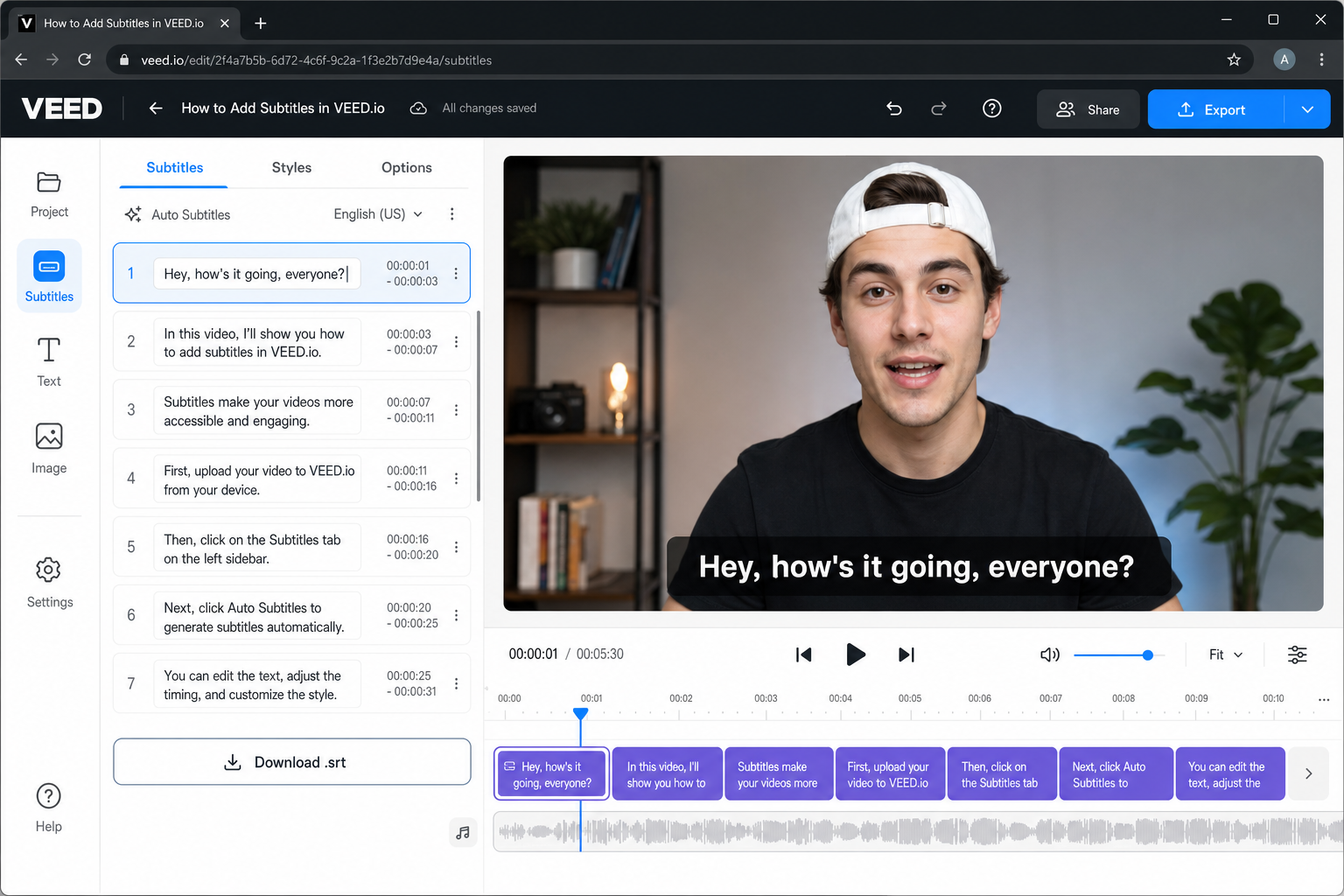 Veed.io subtitle editor showing auto-generated subtitle transcript with edit panel open and Export SRT button visible