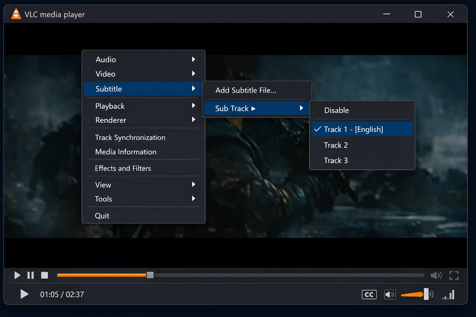 VLC Media Player playing a video with the right-click context menu open showing Subtitle > Sub Track with a subtitle track selected