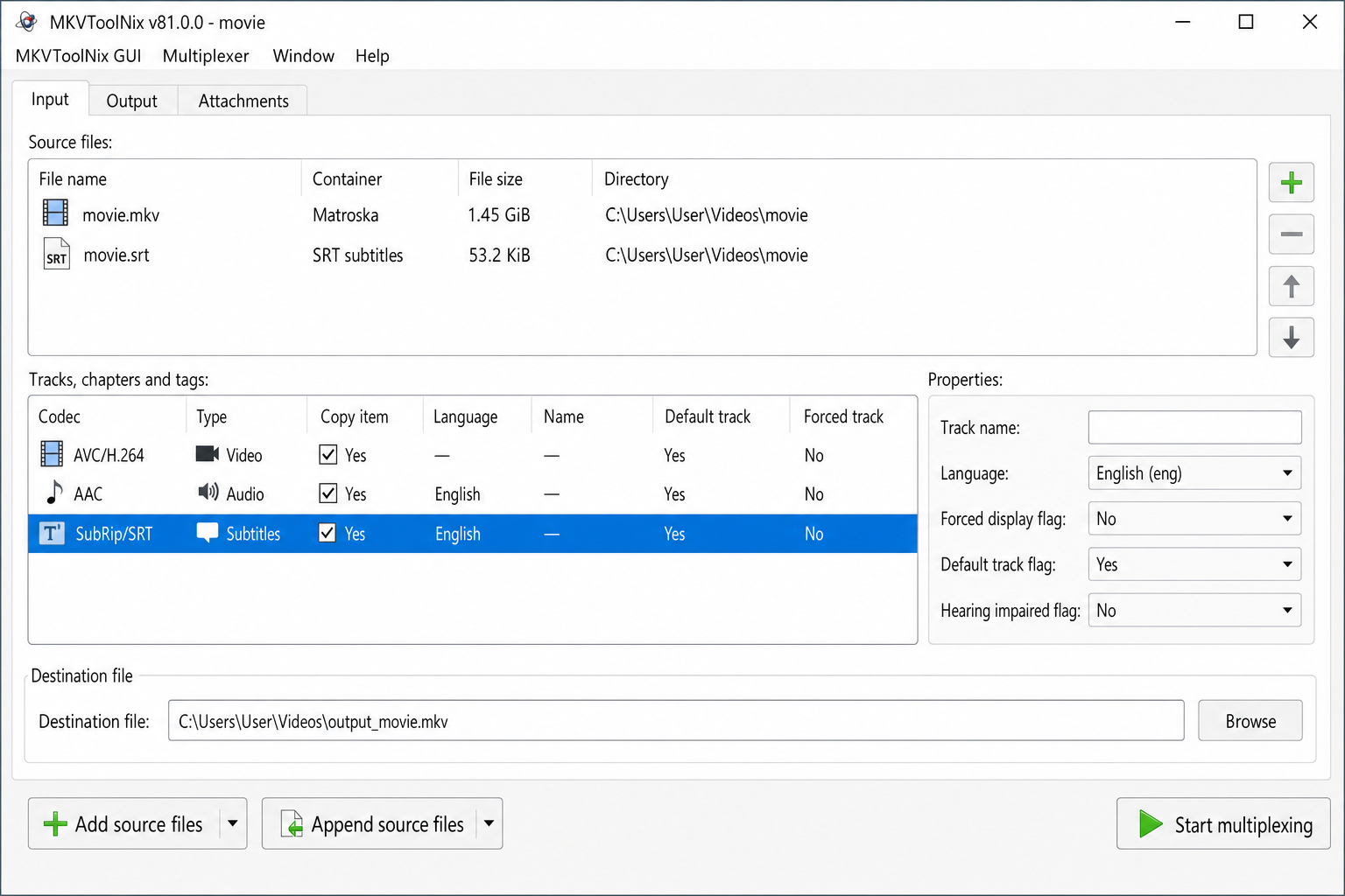 MKVToolNix GUI showing Input tab with a video file and SRT subtitle file both added, subtitle track checked with language set to English, and Start multiplexing button visible