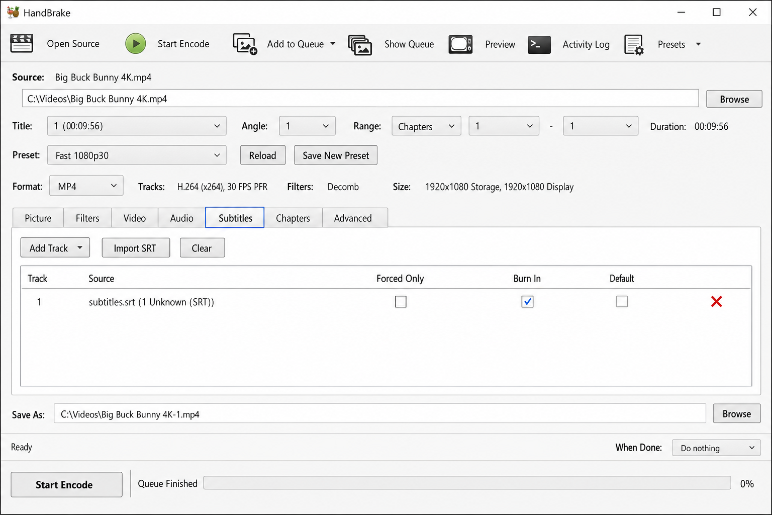 HandBrake with a video loaded, Subtitles tab selected, an imported SRT file showing in the track list with the Burn In checkbox checked