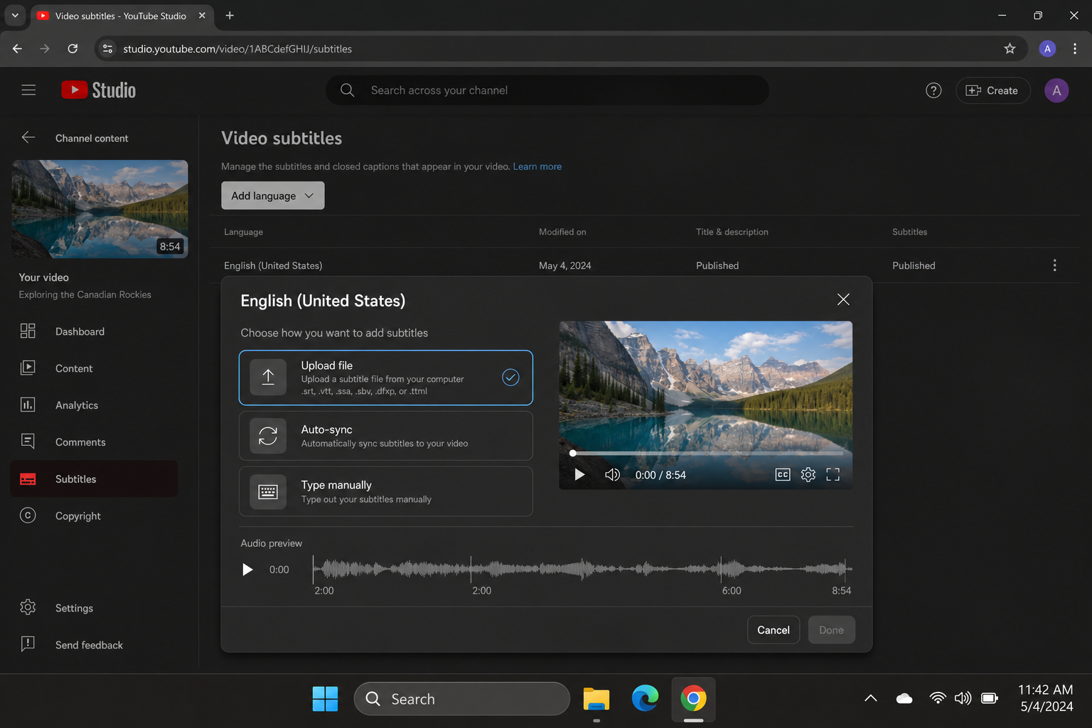 YouTube Studio Subtitles page for a video showing the Add language option and an English subtitle track with Upload file dialog open