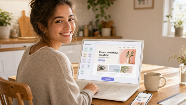 Woman wearing a cozy sweater works on a website editor on a white laptop at a wooden table in a bright kitchen, smiling at the camera. - how-to-create-your-own-google-sites-website-featured