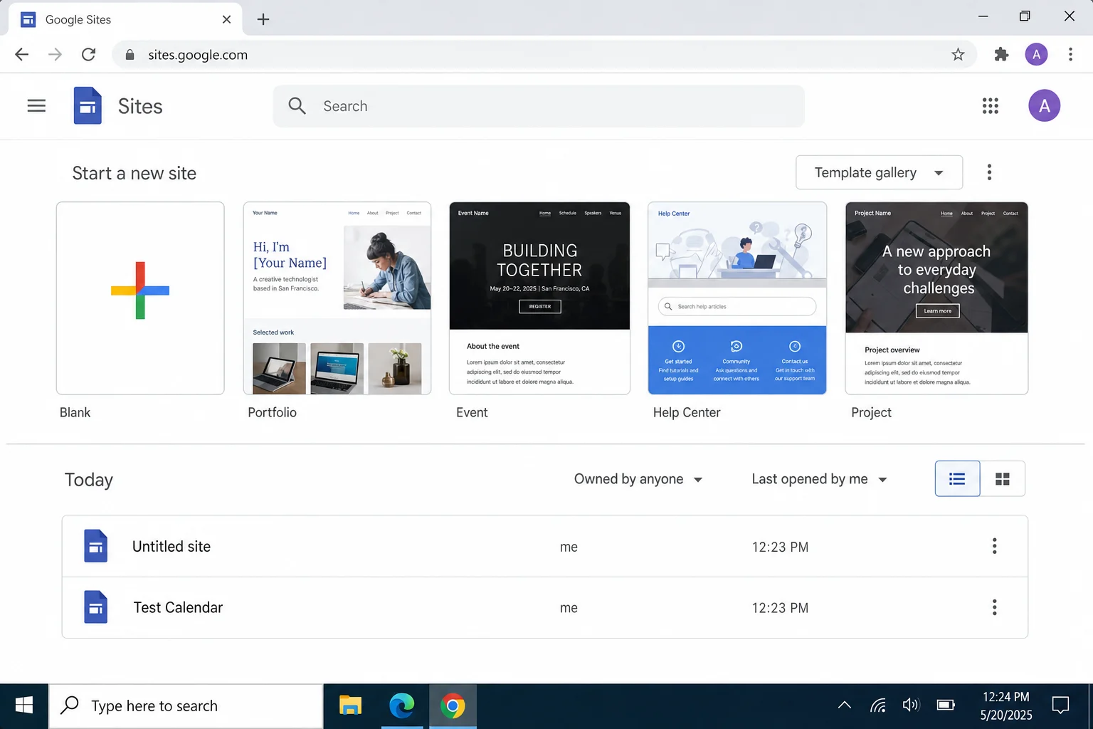 Google Sites homepage at sites.google.com showing the template gallery and blank site option