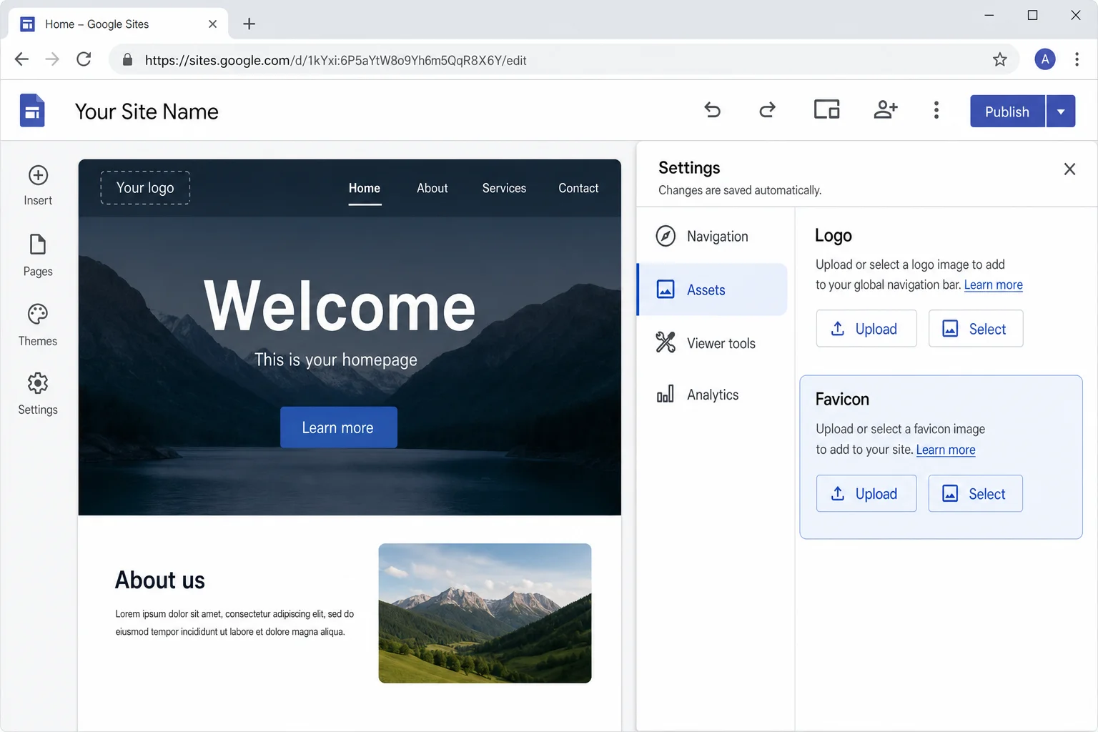 Google Sites editor top bar showing the logo placeholder and the settings menu with Edit favicon option visible