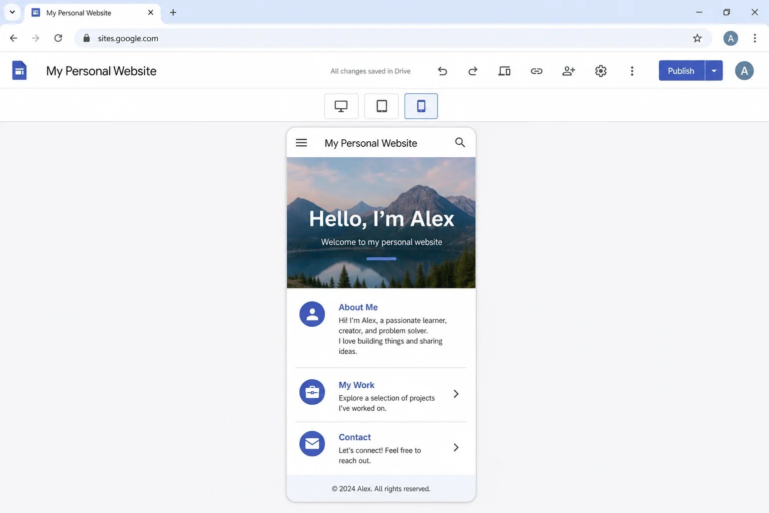 Google Sites preview mode showing mobile view of a site with desktop, tablet, and phone toggle buttons at the top