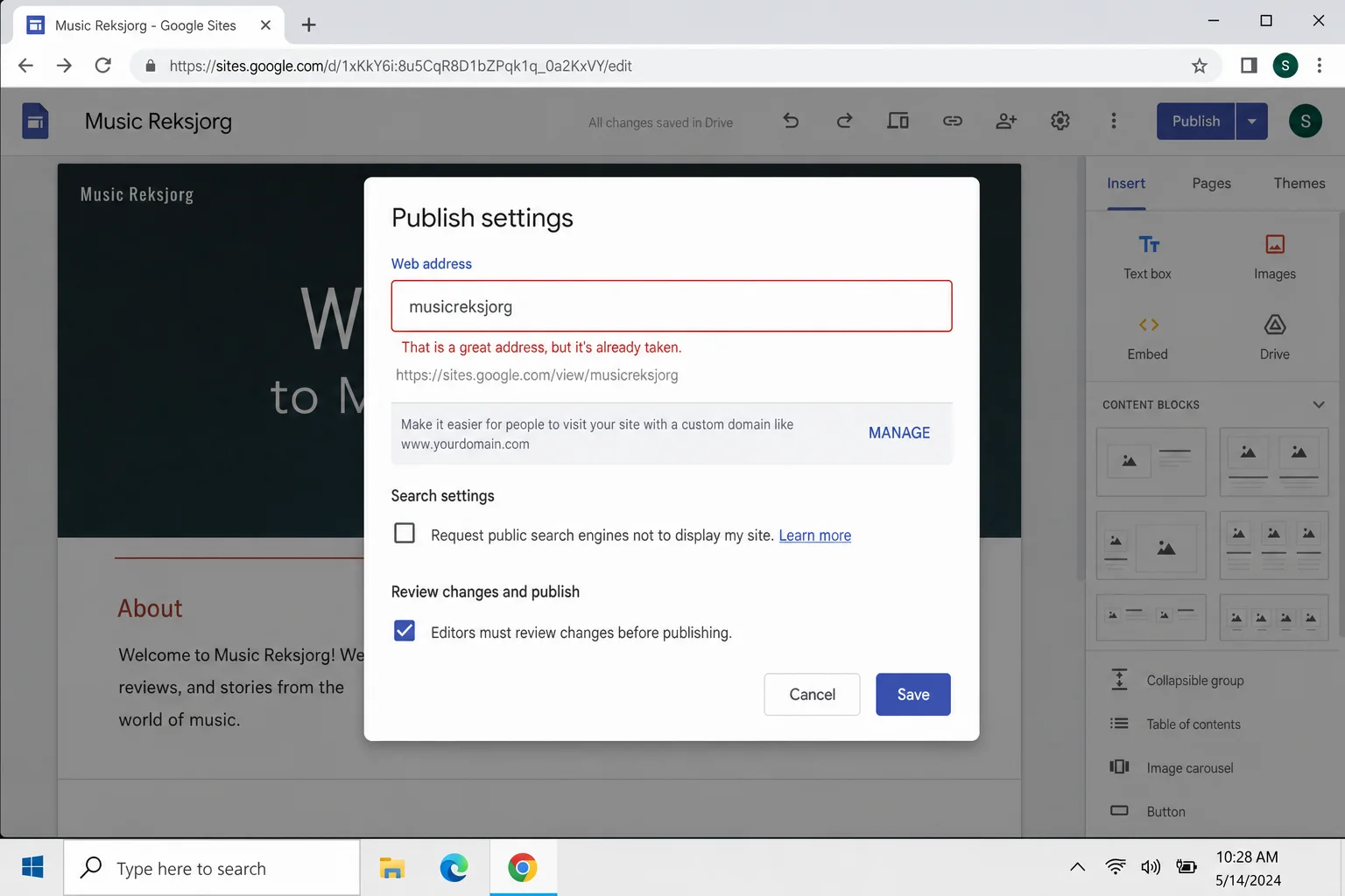 Google Sites Publish dialog showing the custom URL field, visibility options (Public/Restricted), and Google Search settings