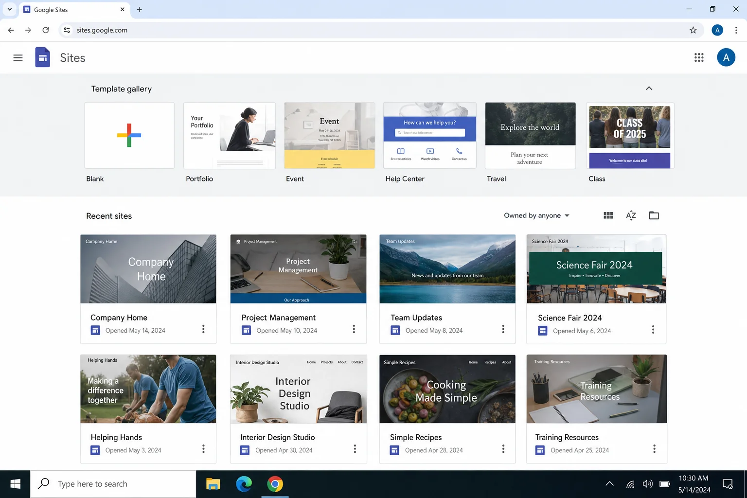 Google Sites dashboard showing the template gallery at the top and any existing sites below