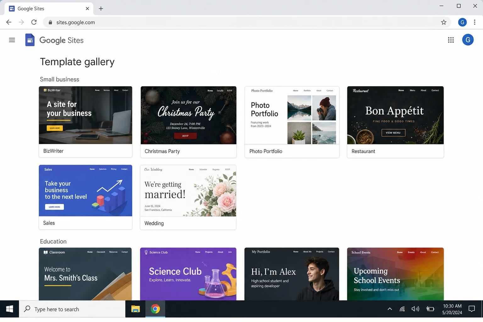 Google Sites template gallery showing options like Event, Club, Portfolio, and Classroom templates