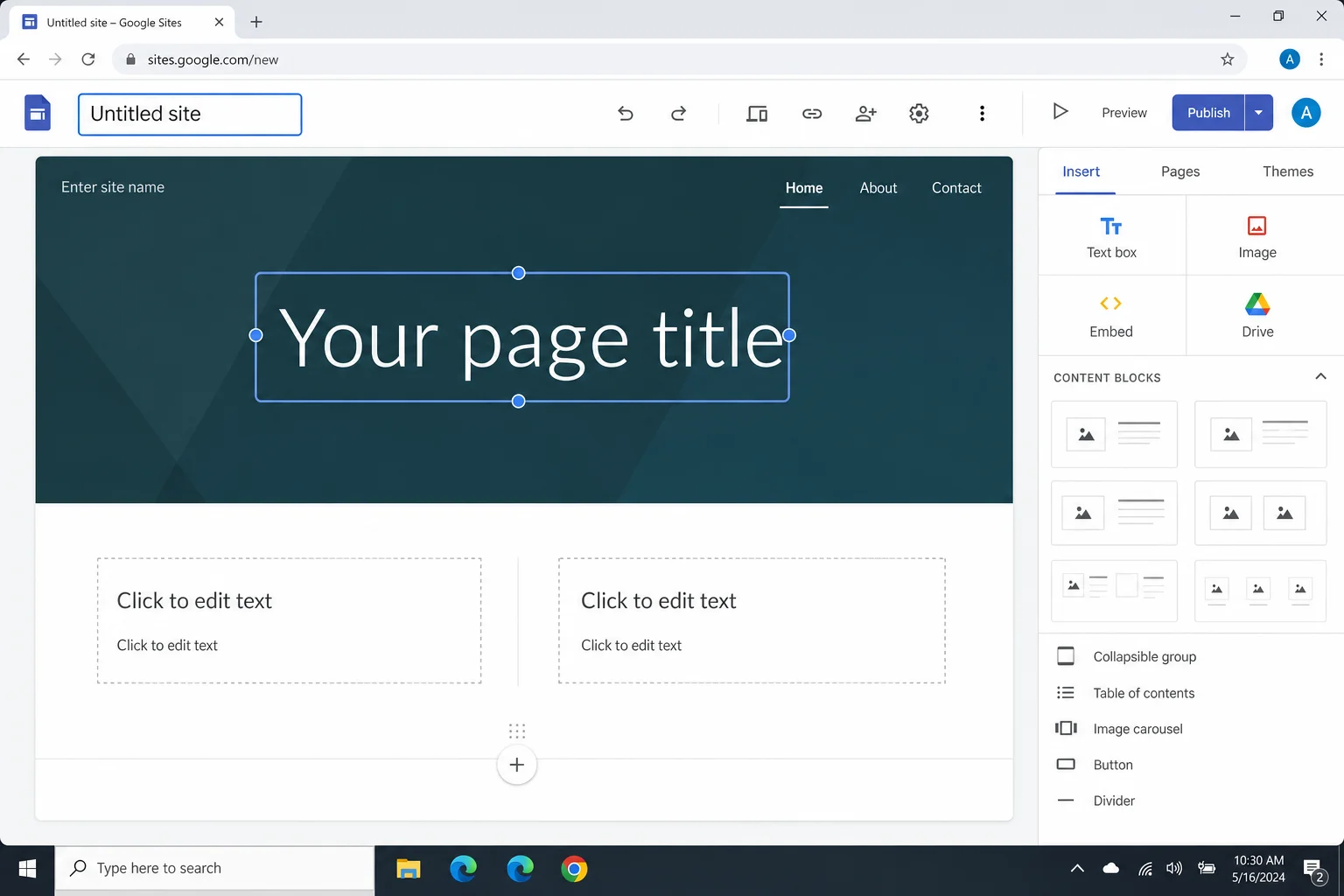 Google Sites editor with the Untitled site field highlighted in the top-left and the page title selected in the canvas