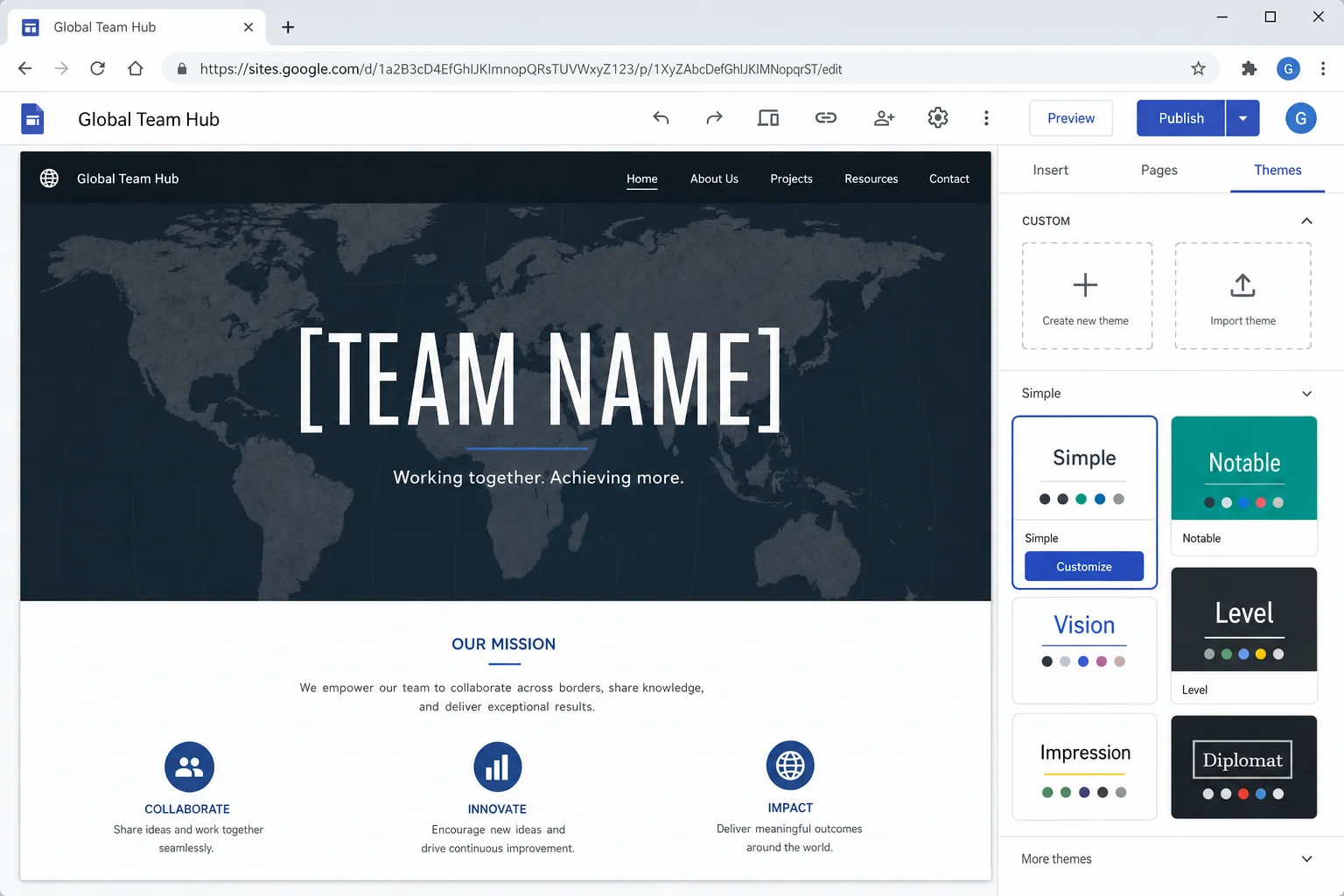 Google Sites Themes tab in the right panel showing built-in theme options with a Customize button