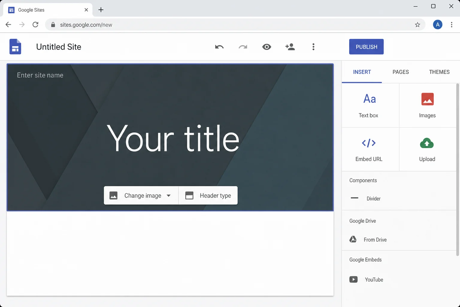 Google Sites header area selected showing header type options and Change image button in the toolbar