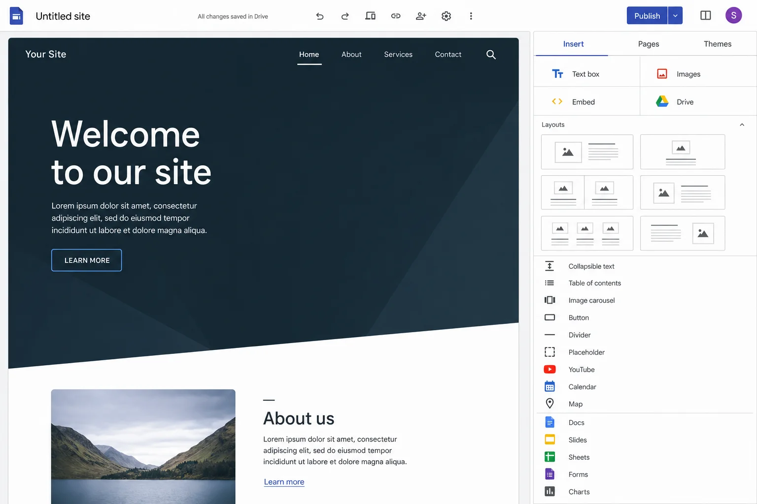 Google Sites Insert tab showing content options including Text box, Images, Layouts, Button, Divider, and Embed