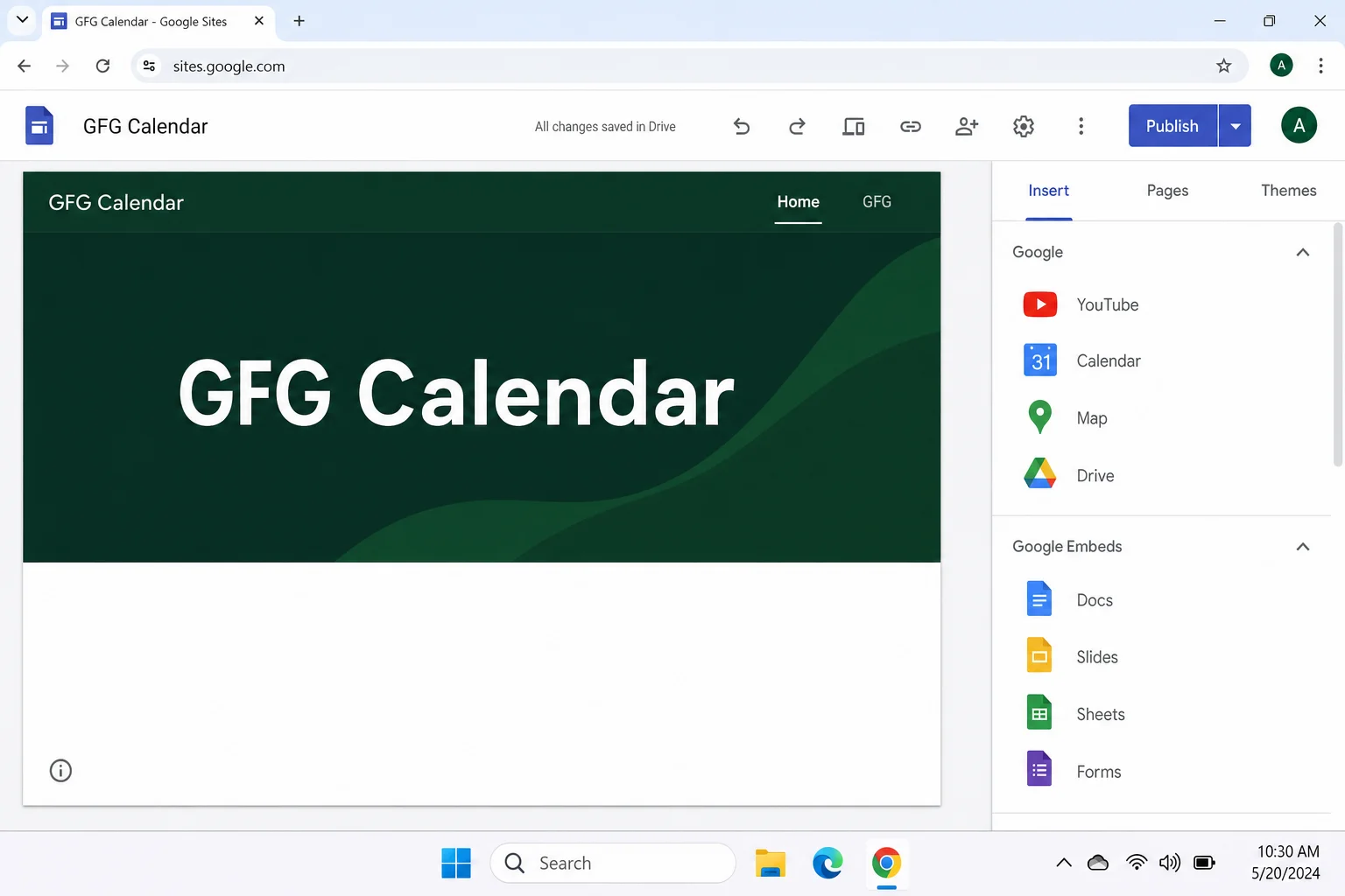 Google Sites Insert tab scrolled to show Google tool embeds including Calendar, Forms, Maps, Drive, and YouTube options