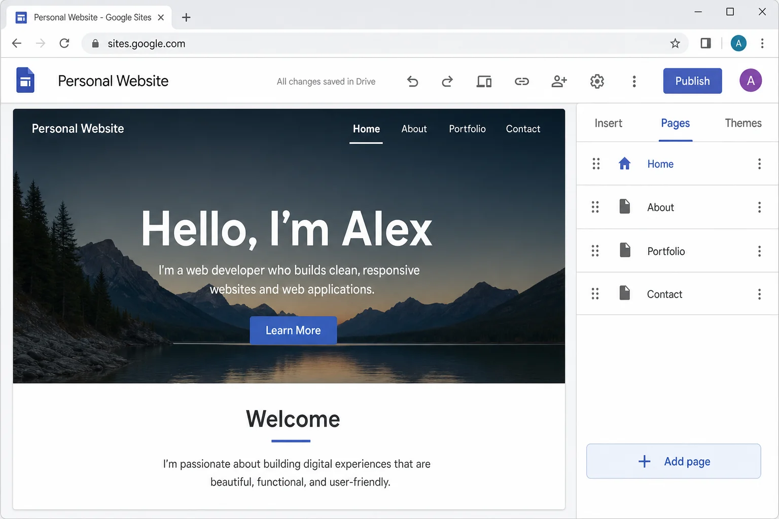 Google Sites Pages tab showing a list of pages with a + button to add a new page and drag handles for reordering