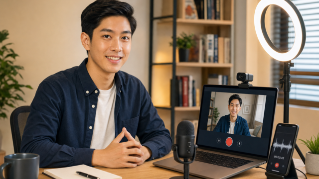 A man sits at a desk in a home studio, smiling at the camera with a ring light, microphone, and laptop nearby. - how-to-record-yourself-online-using-your-pcs-webcam-featured