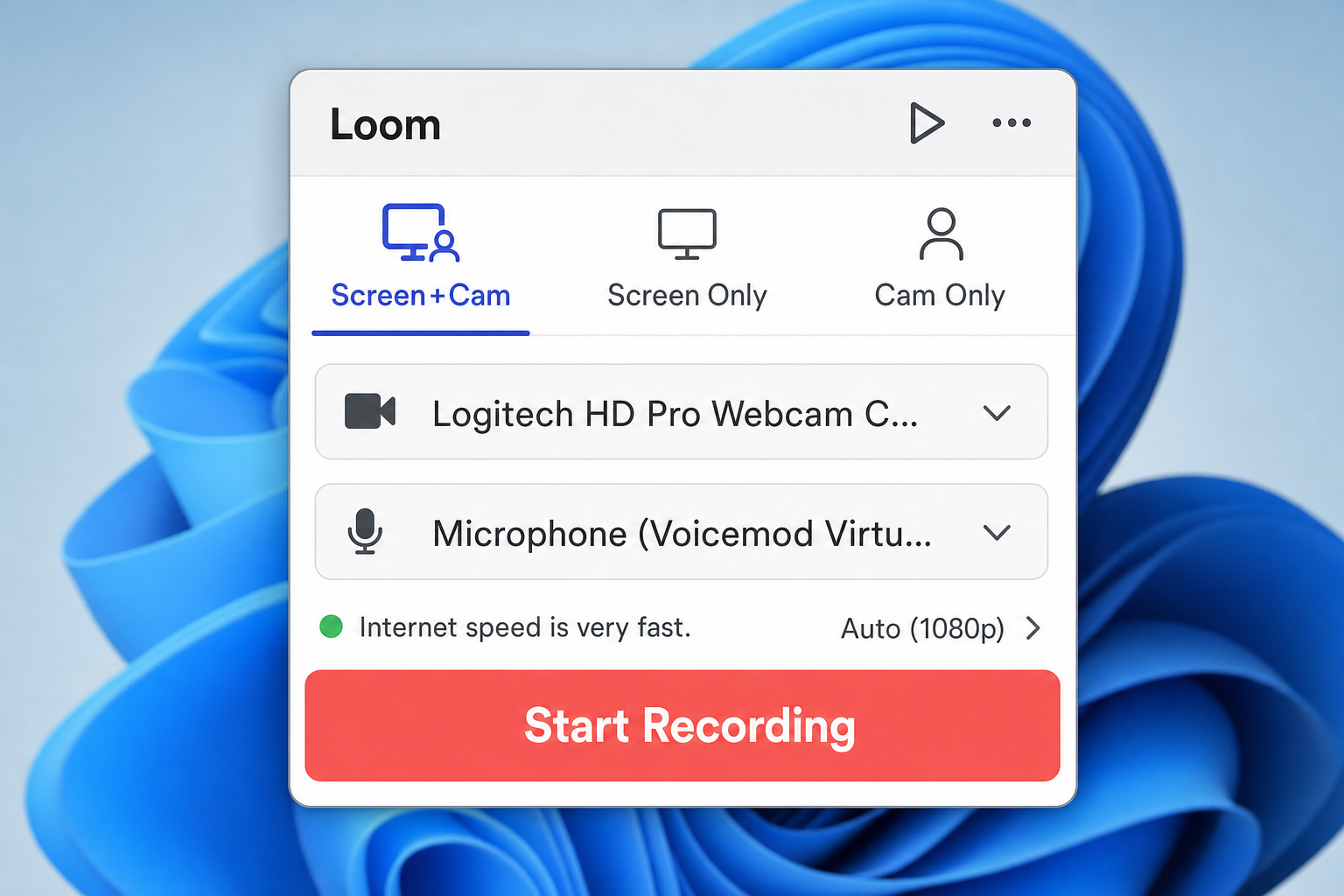 Loom desktop toolbar showing Cam Only and Screen + Cam recording mode options
