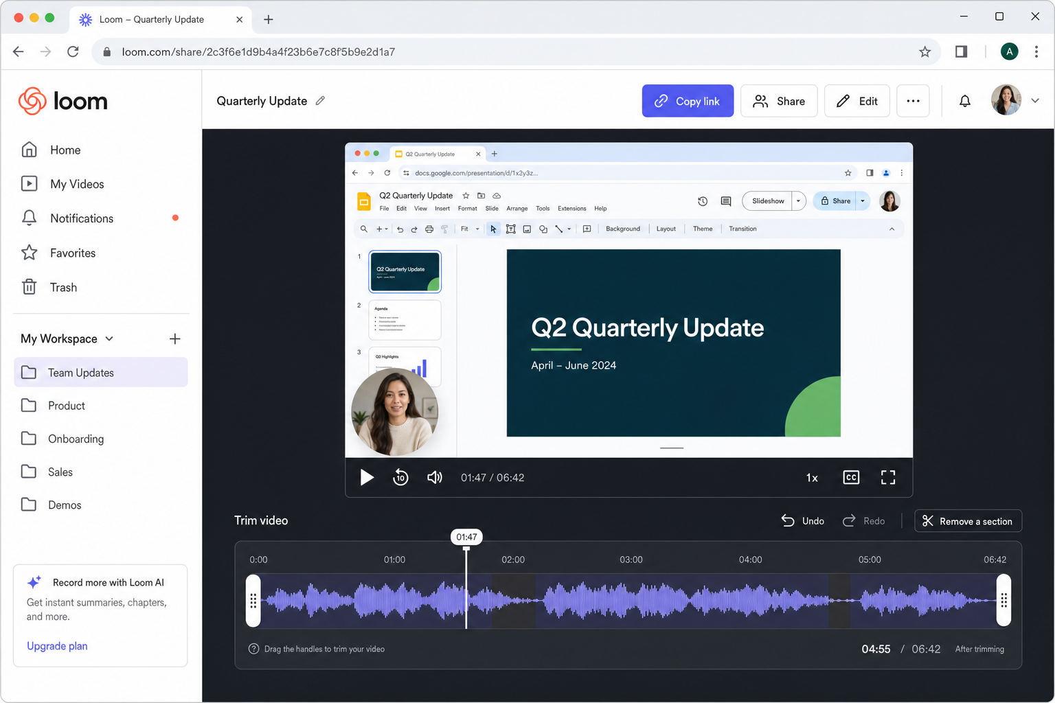 Loom video editor page after recording, showing trim controls and copy link button