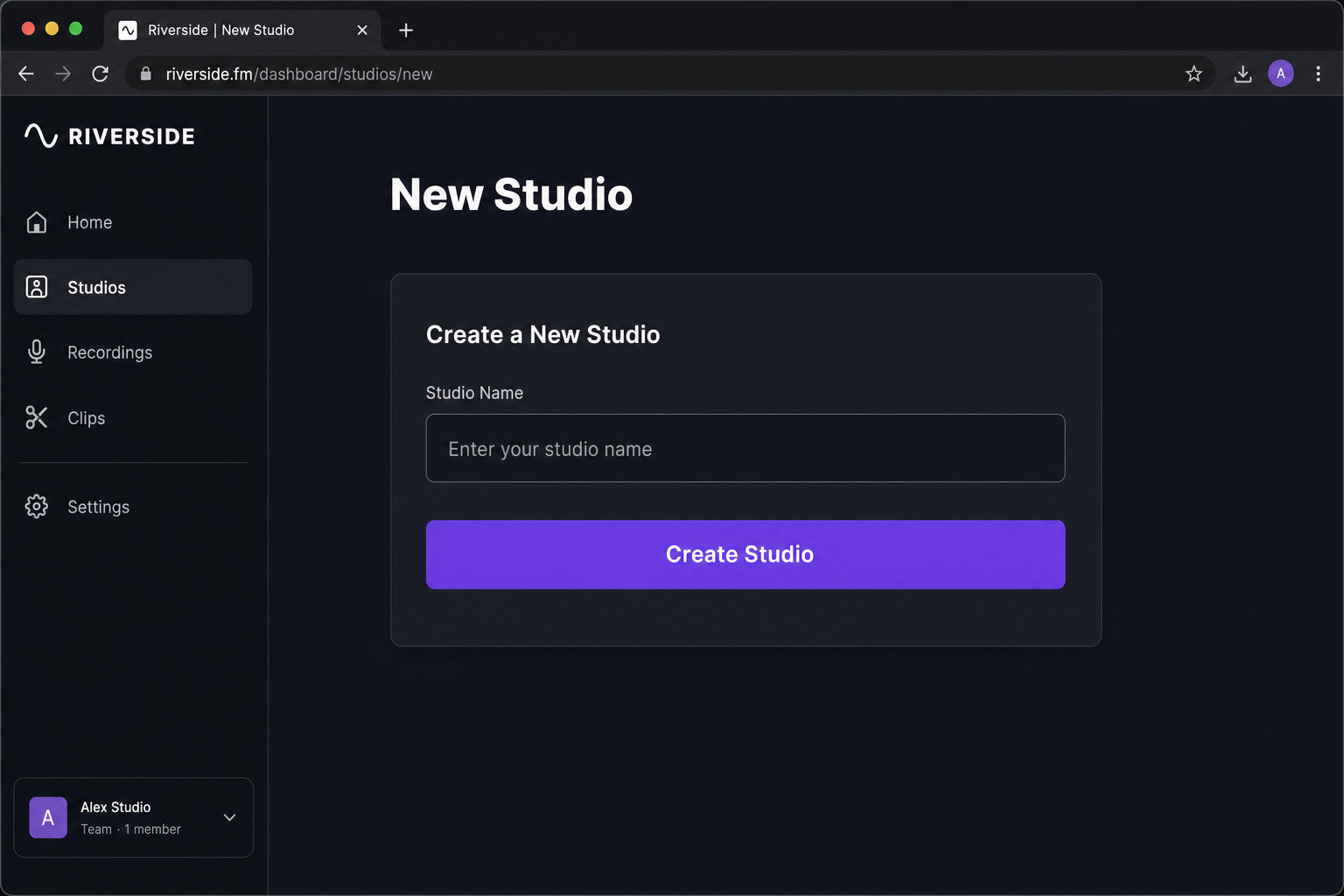 Riverside.fm dashboard showing the New Studio creation screen with name field and Create Studio button