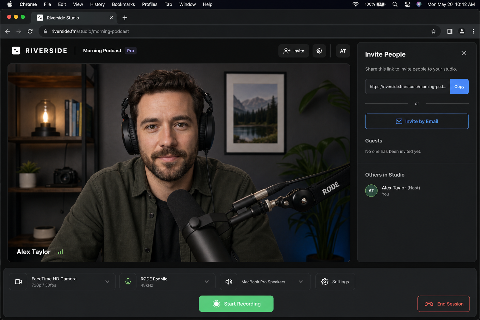 Riverside.fm recording studio showing webcam preview, record button, and camera/mic selector dropdowns