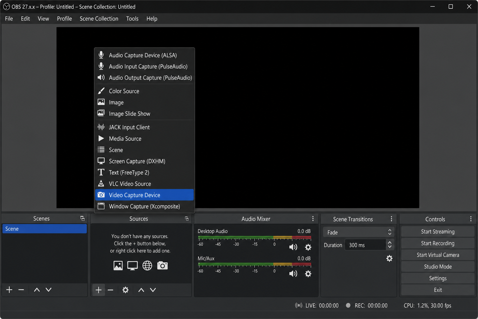 OBS Studio Sources panel with the + button clicked and Video Capture Device option highlighted