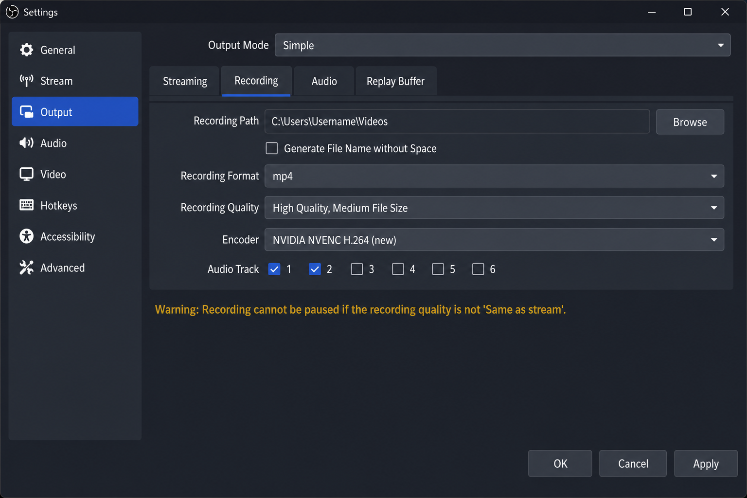 OBS Settings Output tab showing recording format set to MP4 and recording path field