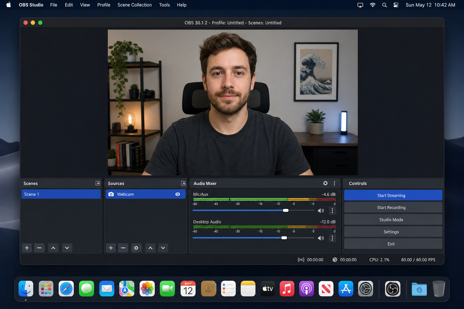 OBS Studio on macOS showing webcam feed in preview canvas with Sources and Controls panels visible